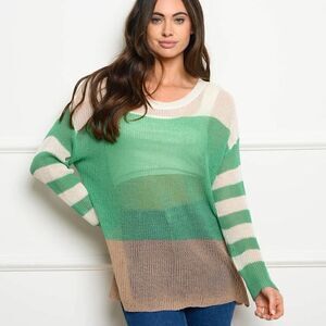 NEW! Semi Sheer Acrylic Long Sleeve Color Block Sweater Green Stripe Tunic Boho